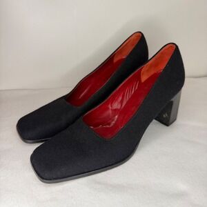 Vintage Ann Taylor Black Fabric Square Toe Block Heel Pumps Size 7 Made in Italy